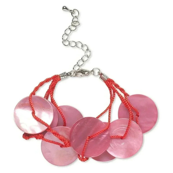 Pink Red and Silver Tone Mussel Shell Disc Adjustable Clasp Bracelet - Picture 1 of 1